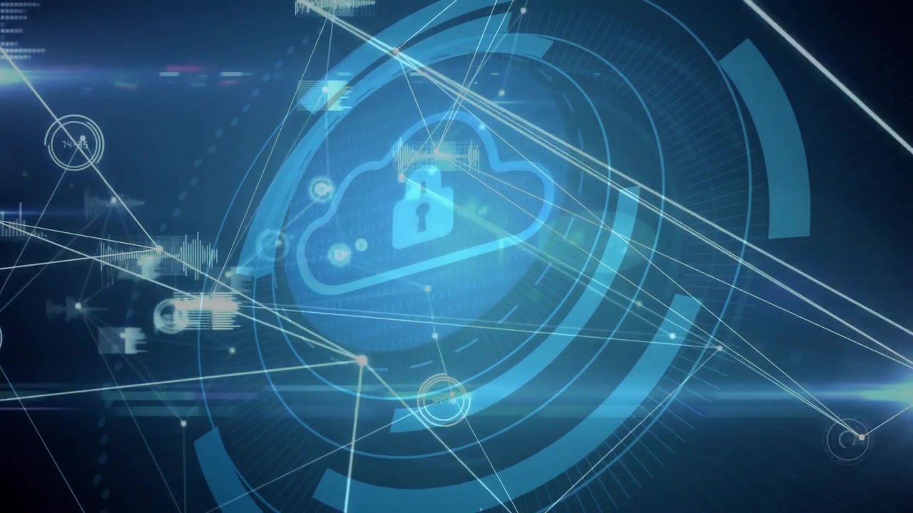 Charts fading in driving rings spinning guiding data into glowing cloud lock securing exchange
