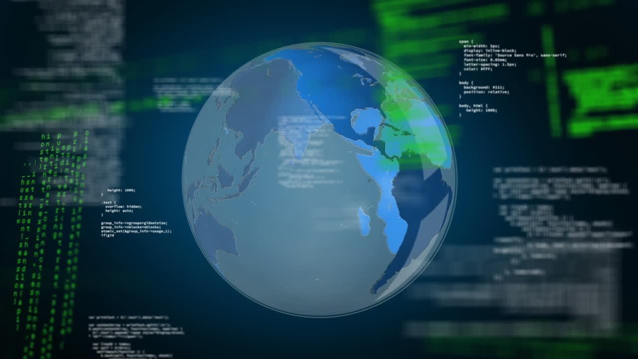Animation of computer language and rotating globe over blue background