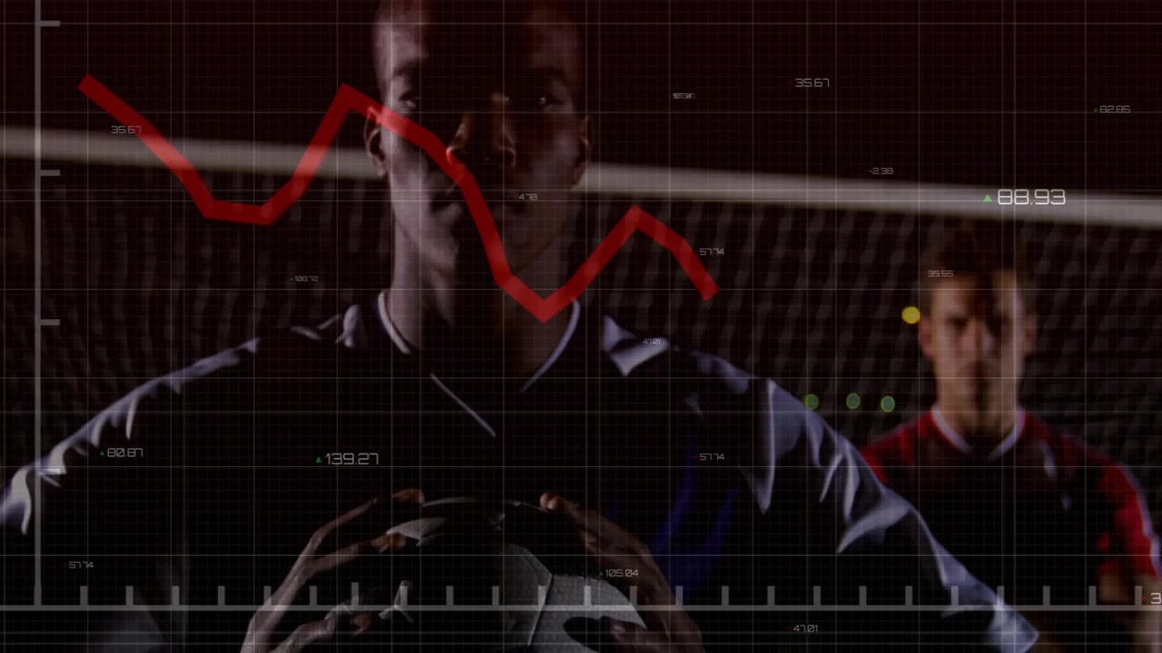 Two male players gripping soccer ball by goal net, showing technology data grid and red chart