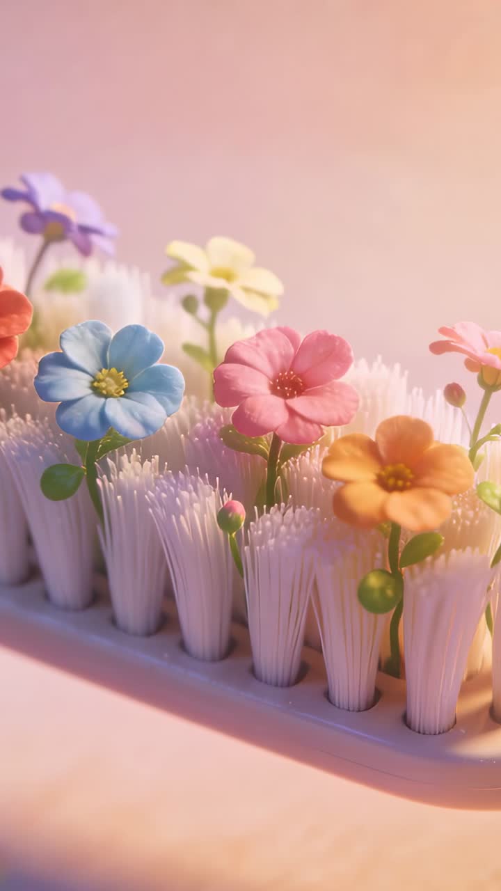 Vertical video: Camera starting, moving along brush head bristles in studio, showing pastel blooms