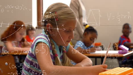 animation of math formulas over focused caucasian girl learning at school