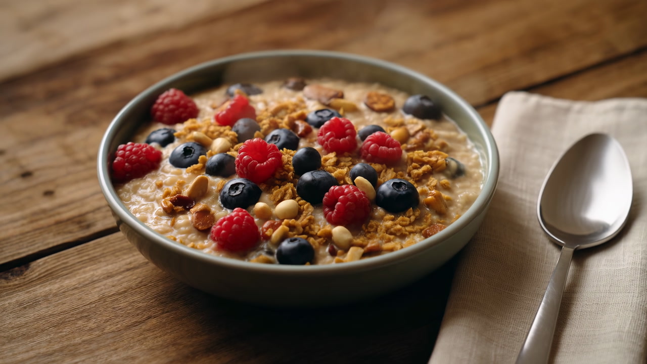 Creamy Oatmeal Bowl With Berries On Rustic Wooden Table With Granola, Nuts And Milk, Spoon Resting On Linen