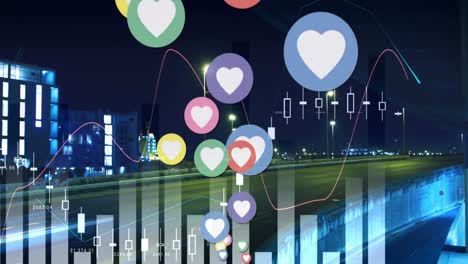 Animation-of-falling-hearts-icons-over-night-cityscape