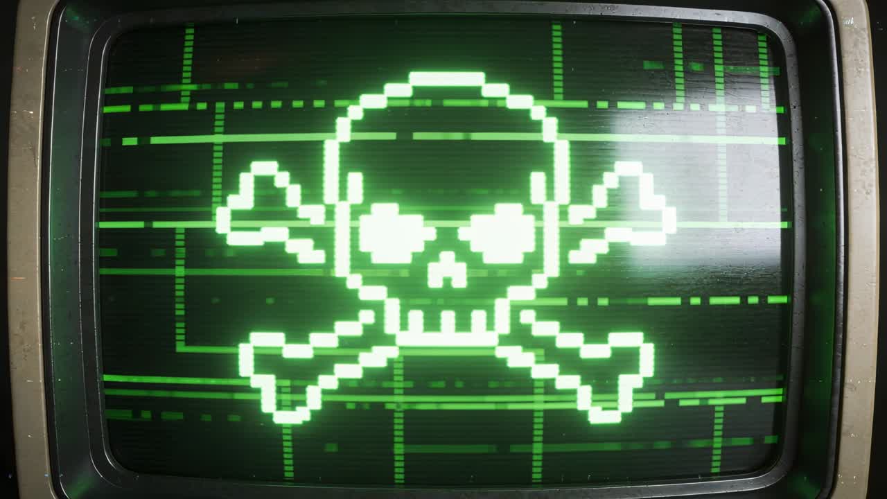 Fluktuerende signal, grønne pixel dødningehoved og korsben flimrer på buet CRT-ramme, viser gitterrefleksion
