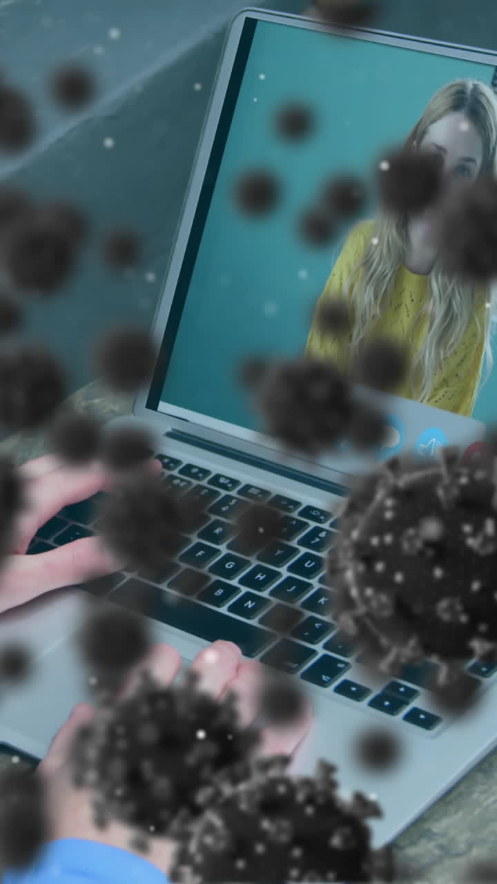 animación de las células de covid 19 sobre una mujer de negocios en una videollamada portátil