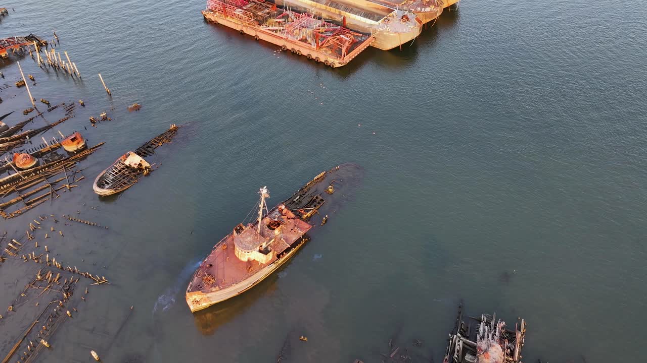 Aerial approaching view of the Staten Island ship Graveyard on the Arthur Kill