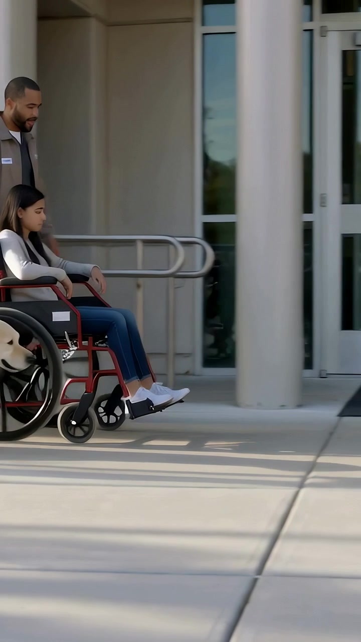 Vertical video: Seeing clinic, tagged staff pushing teen in wheelchair to doors with dog