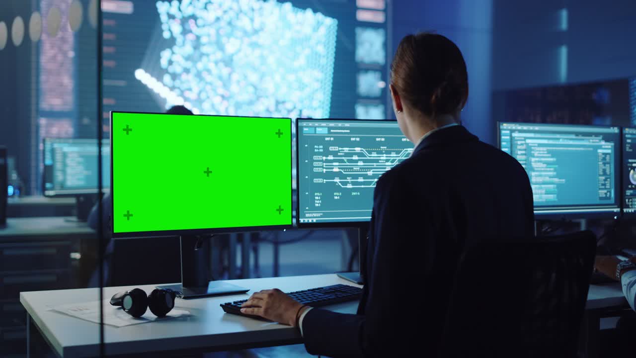 자신감있는 여성 데이터 과학자는 신경 네트워크와 함께 큰 인프라 제어 및 모니터링 방에서 녹색 화면 모을 가진 개인 컴퓨터에서 일합니다.