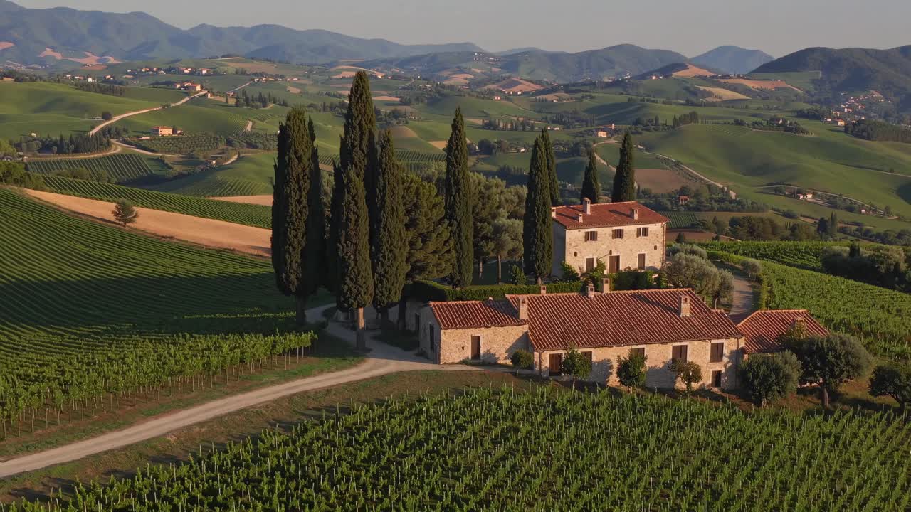 Aerial video captures rustic stone villas amid lush vineyards and cypress trees, set against rolling