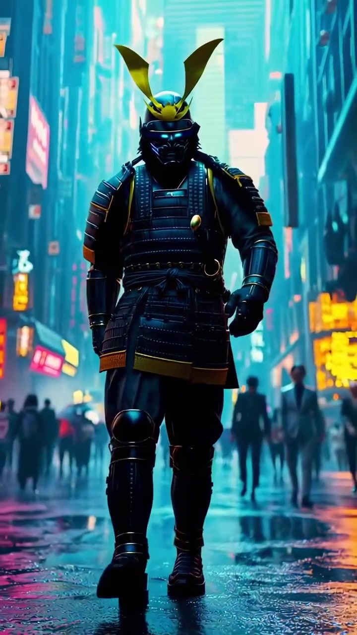 Samurái futurista caminando por una calle de ciudad iluminada con neón.