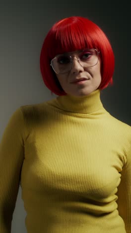 woman in retro fashion with red wig and yellow sweater