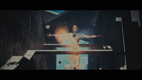 abstract figure in a futuristic architectural setting