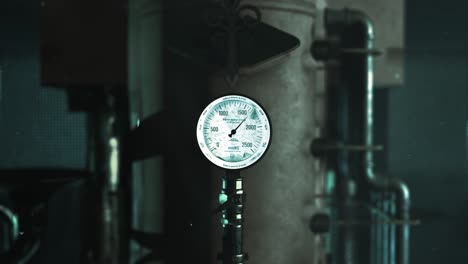 realistic 3d render of a heavy industrial steampunk style machine in a dusty old warehouse, with pistons, gears, clocks and guages