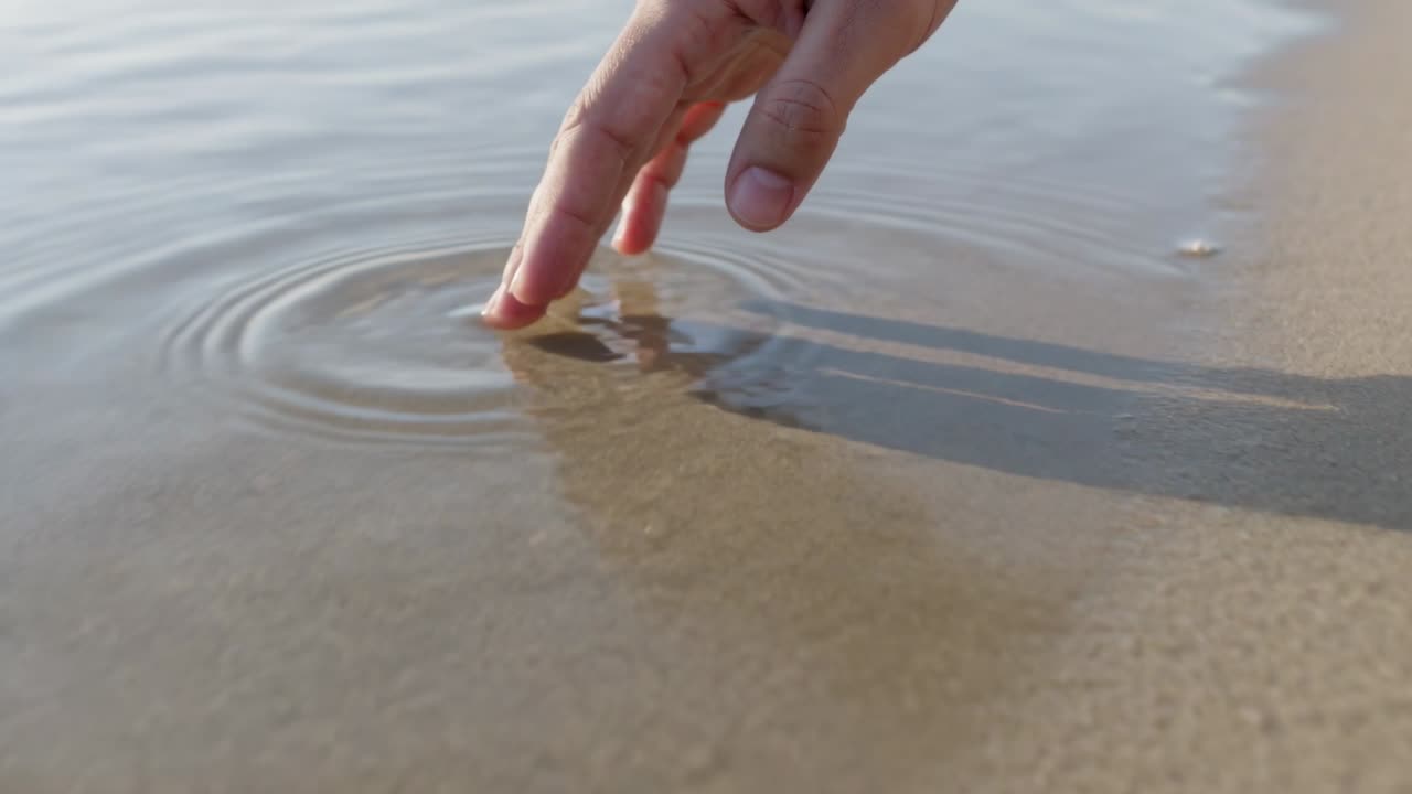 Reaching bare hand touching fingertips to receding wave as it laps sand, casting ripples and shadow