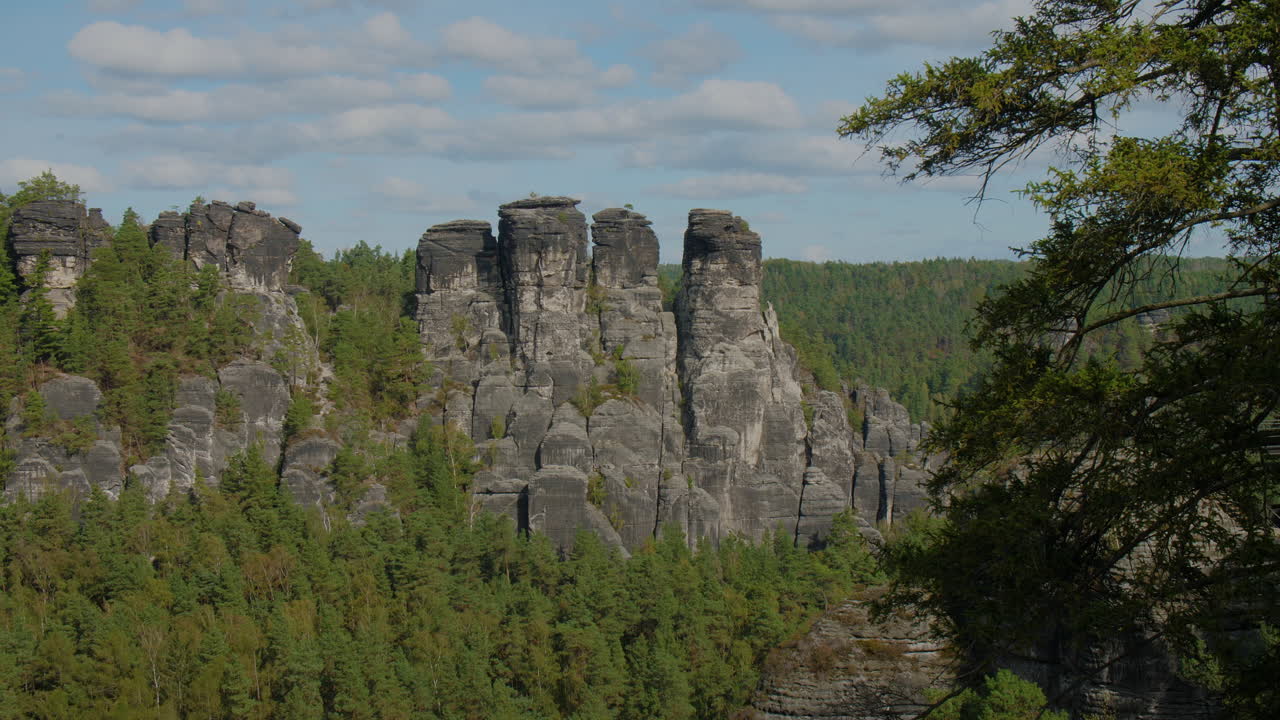 Sandstone formations Elbsandsteingebirge Sachsen Elbe rising above dense green forests Mountains, under a blue sky with scattered clouds, showcasing the region’s natural beauty and rugged Terrain