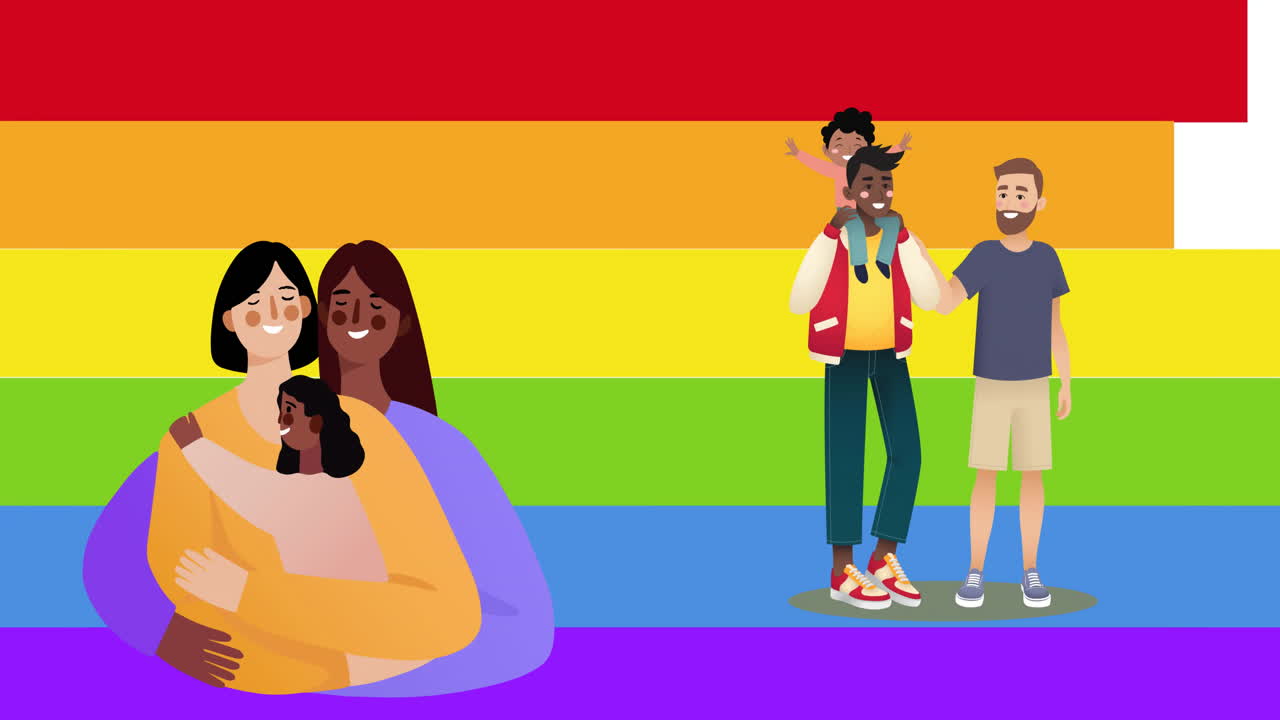 Pride flag animation over diverse families embracing and smiling together