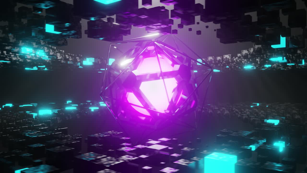 Rotating glowing object with purple color moving around. 3d animation loop
