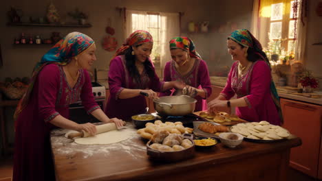 women in traditional attire cooking and baking together in a cozy kitchen