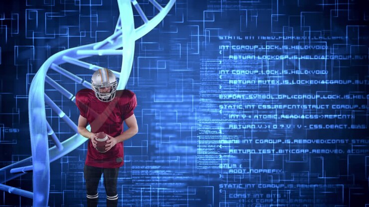 Animation of dna strand spinning and data processing over american football player
