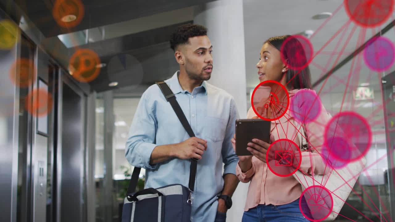 Coworkers tapping tablet screen in lobby, generating animated data network for business analysis