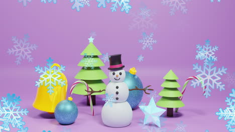 animación de la nieve cayendo sobre las decoraciones de navidad con el muñeco de nieve en fondo púrpura.