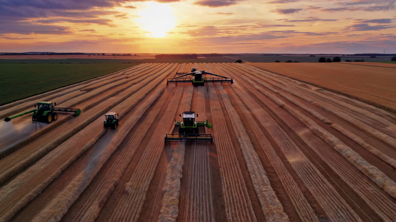 Harvesting Wheat Field at Sunset