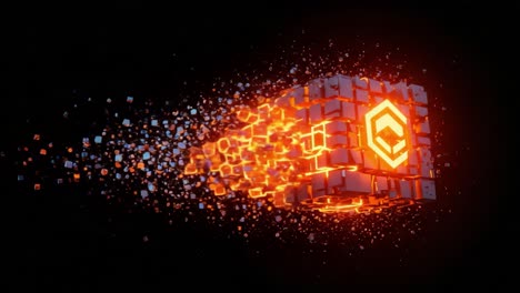 explosive transformation of a digital cube, featuring vibrant neon colors and dynamic particle effects, symbolizing innovation and technological advancement
