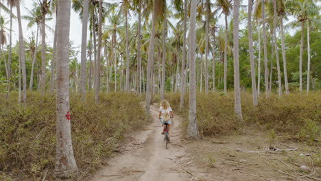 vista aérea mujer en bicicleta explorando una isla tropical chica viajando disfrutando de un hermoso bosque de palmeras 4k