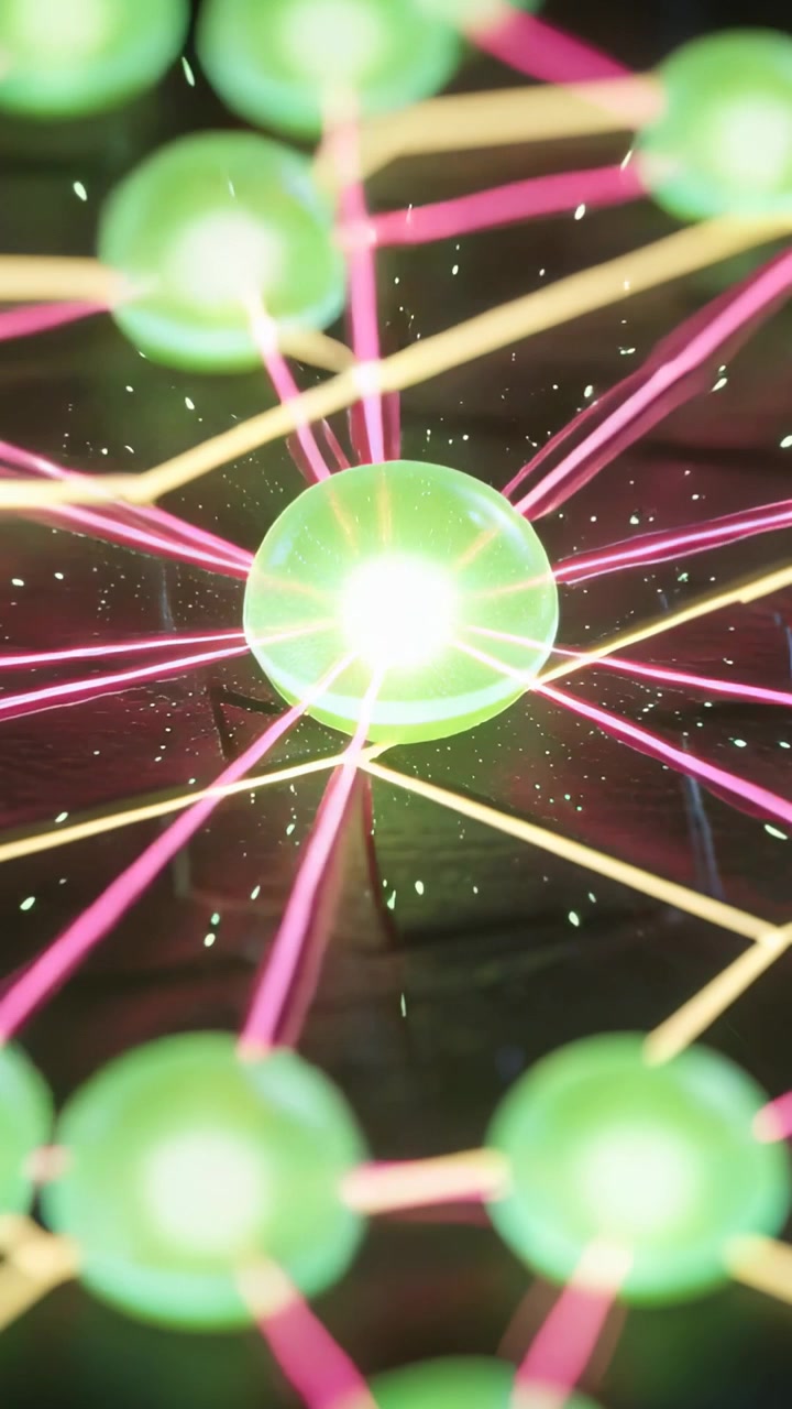 Vertical video: Pulsing green node firing pink arcs to nodes lighting yellow lines on gloss surface