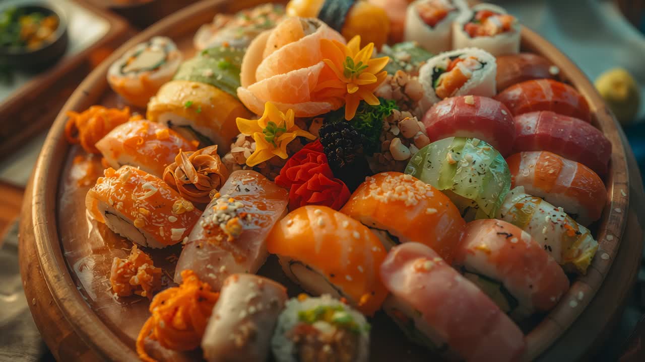 Top-down camera dollying and rotating around sushi platter on kitchen table revealing fish textures
