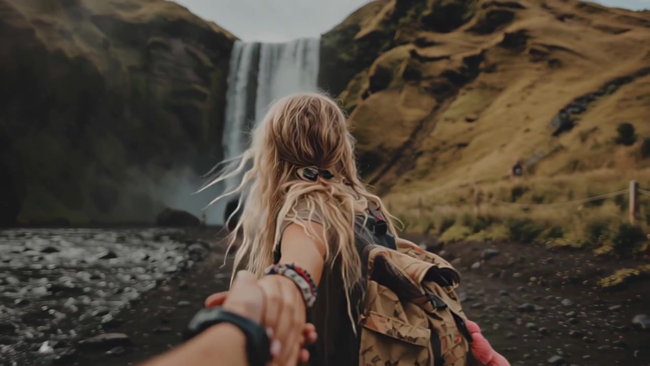 Cuplikan perjalanan sinematik seorang wanita muda dengan ransel memegang tangan pasangan saat berjalan menuju air terjun tinggi di lembah gunung terpencil, adegan petualangan luar ruangan.