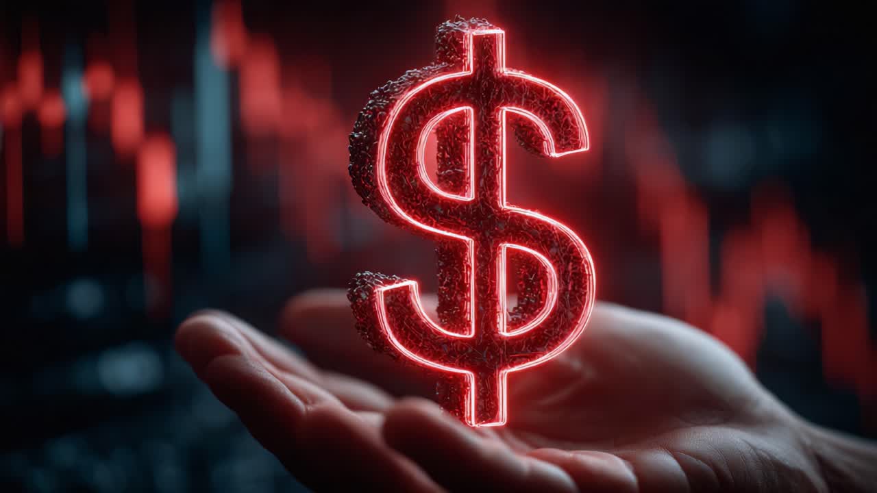 Símbolo do Dólar Iluminado na Mão com Fundo de Gráfico Financeiro: Uma Representação Visual da Riqueza e da Dinâmica do Mercado.