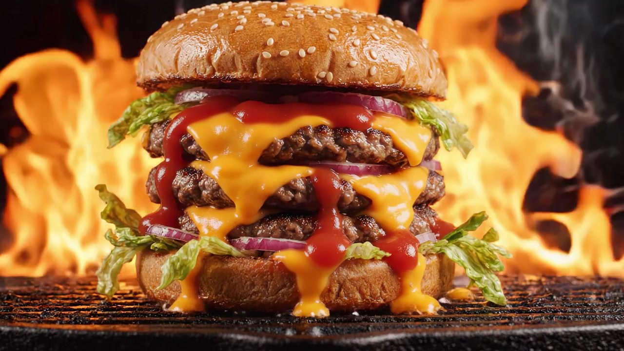 Succulento cheeseburger a tre strati con formaggio fuso, verdure fresche e salsa piccante su uno sfondo di griglia infuocata per un'esperienza culinaria indimenticabile.