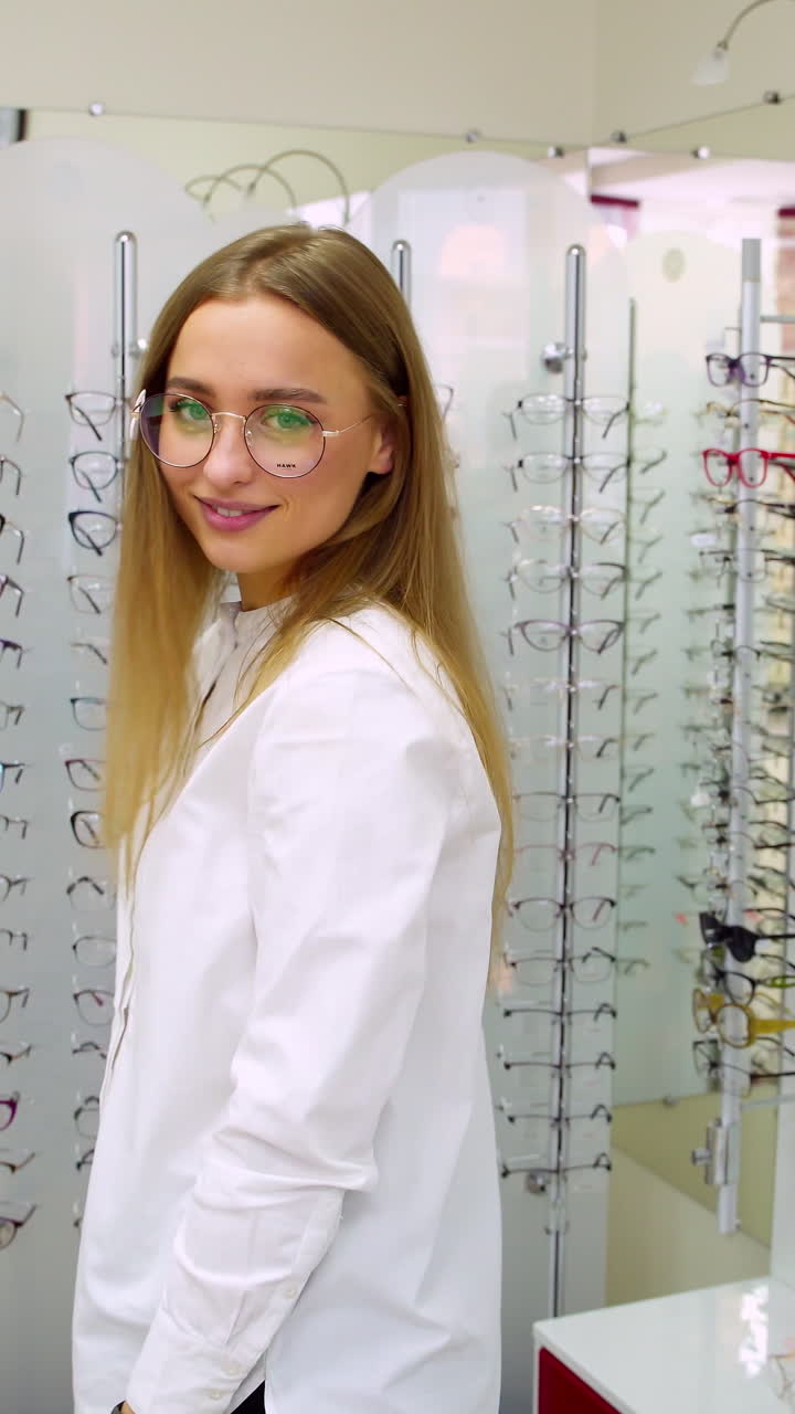 Woman trying glasses. Portrait of happy young woman buying new glasses at optician store
