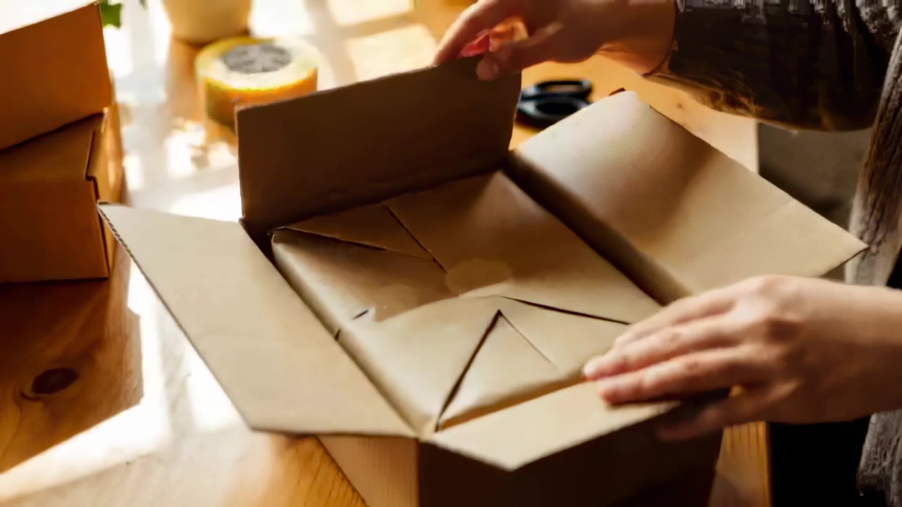 Opening box, hands wearing grey knit folding flaps, centering brown parcel on table for shipping