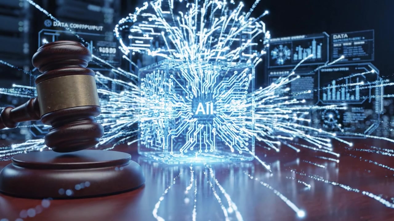 A Captivating Glimpse into the Intersection of Law and Technology: A Gavel Overseeing the Emergence of Digital Solutions in Modern Justice