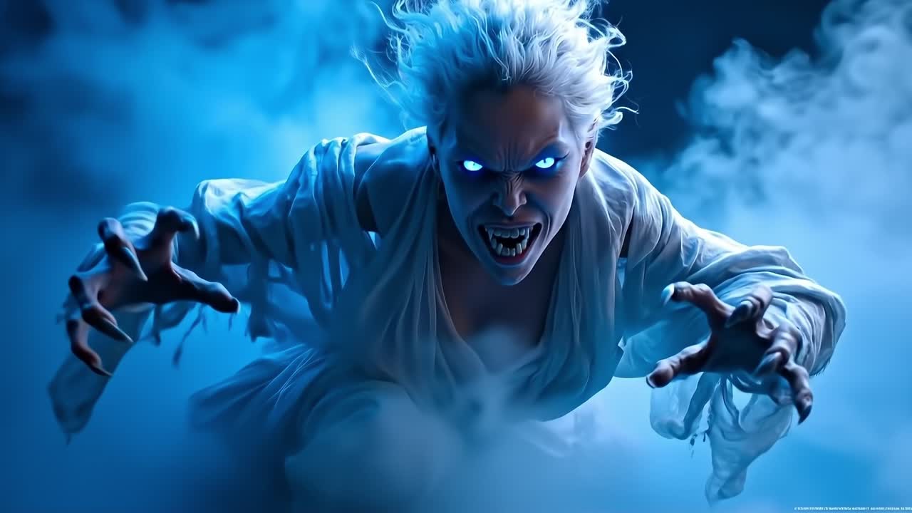 A man in a white robe with blue eyes and fangs in the air