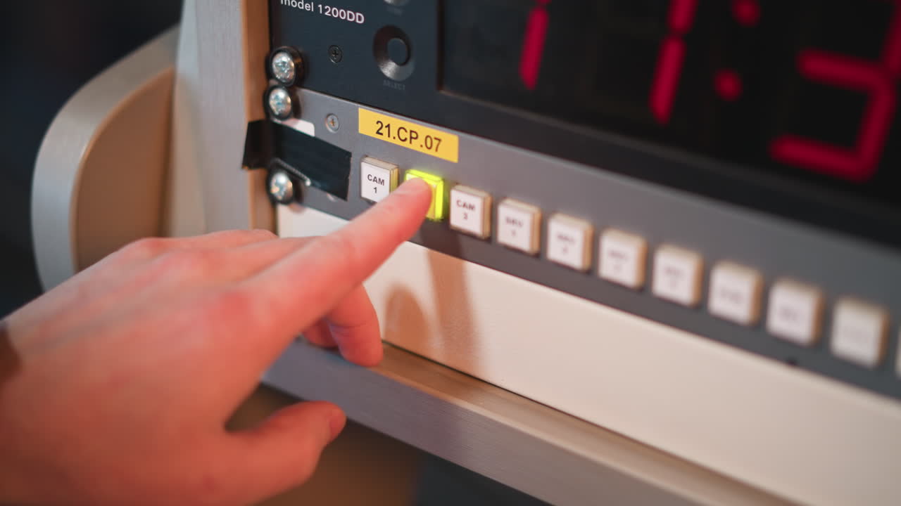 Close-up shot of hand pressing button labeled "CAM 1" on broadcast control panel. Digital timer and camera controls visible, used in live production environments