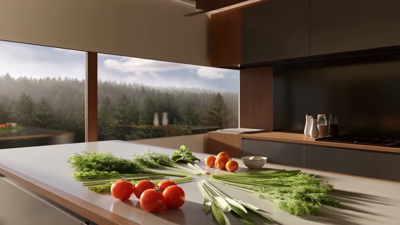 Fresh Vegetables on a Modern Kitchen Counter with Forest View