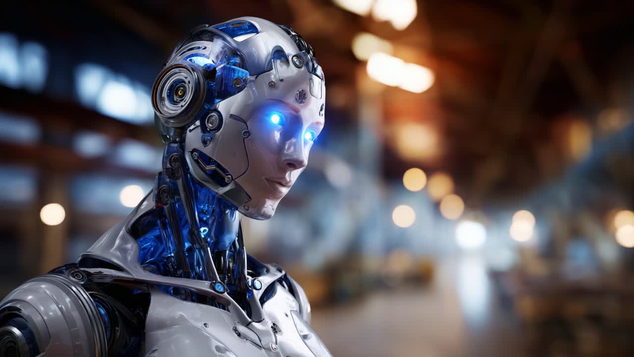 Aydınlatılmış Özelliklere Sahip Fütüristik Robot: Bulanık Arka Plan Öğeleriyle Rustik Bir Ortamda Sergilenen İleri Teknoloji ve Design