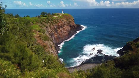 gimbal booming up shot overlooking the majestic kilauea point national wildlife refuge on the northern shore of kaua'i in hawai'i