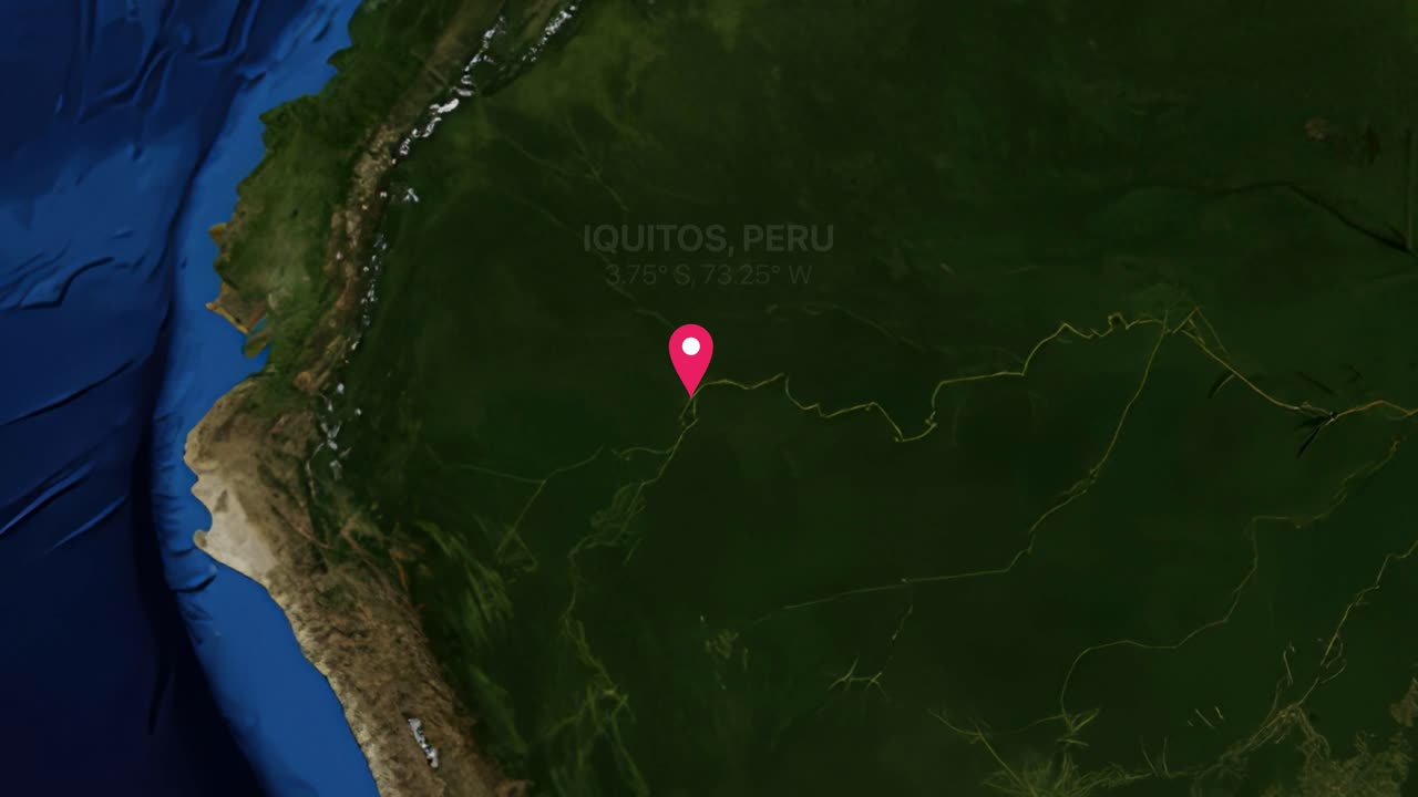 Digital earth render zooms from a global map into a specific location in Iquitos Peru