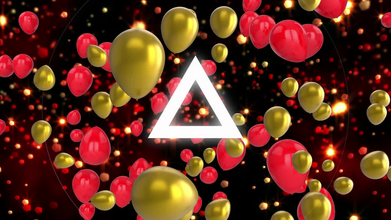 animación de un triángulo con globos rojos y dorados sobre un fondo oscuro