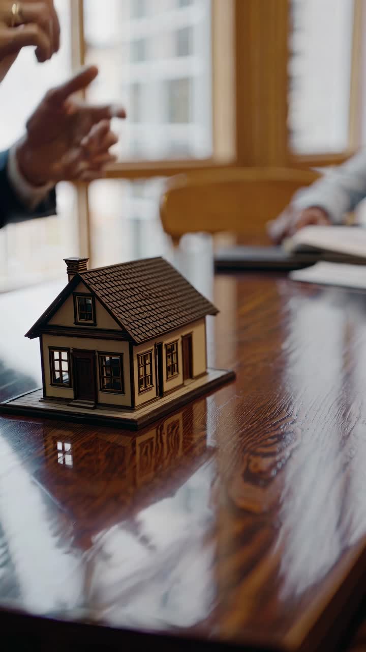 Close-up angle of a miniature house on a wooden table, with blurred hands in discussion