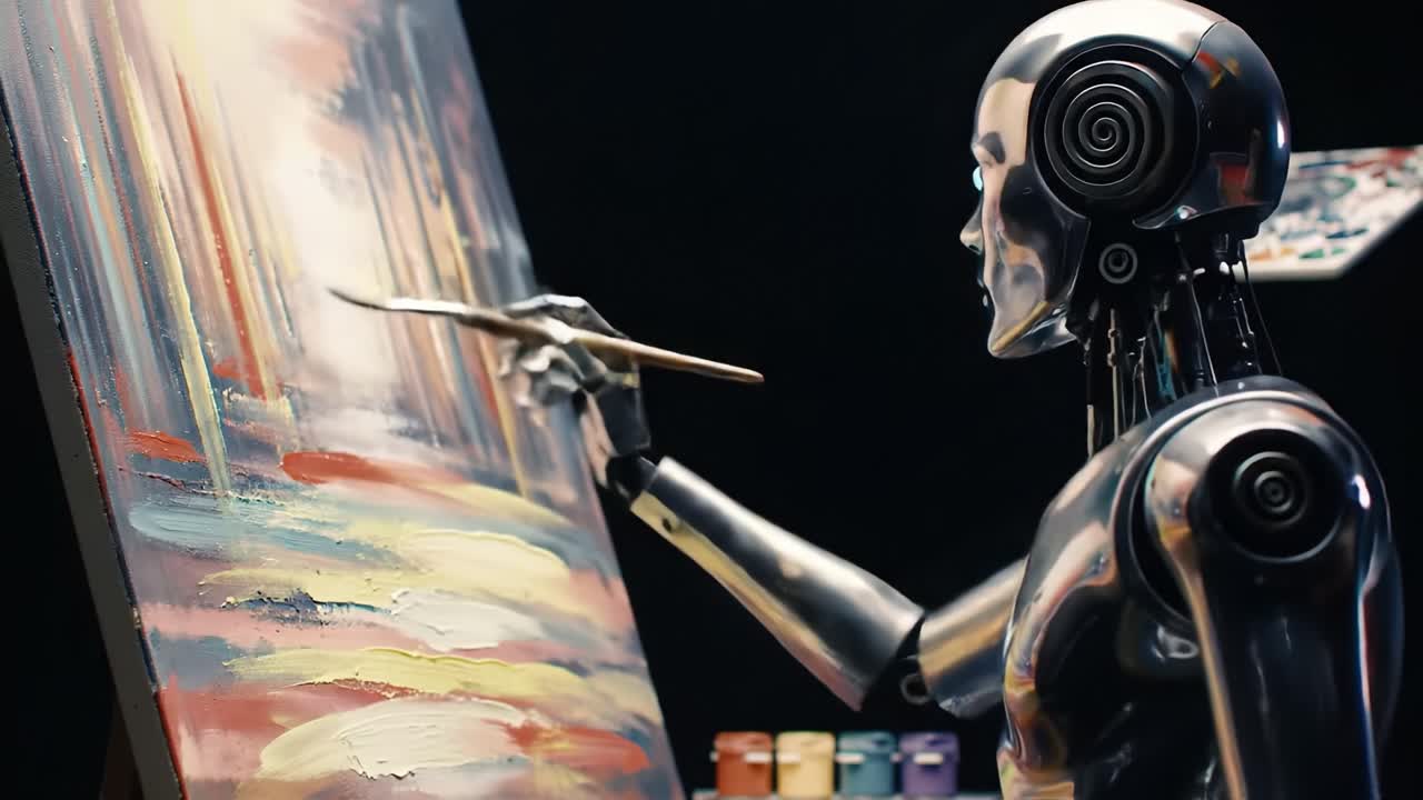 A Robot Artist Using a Paintbrush to Create a Vibrant Landscape Painting on an Easel, Blending Colors with Precision and Creativity in a Modern Artistic Expression