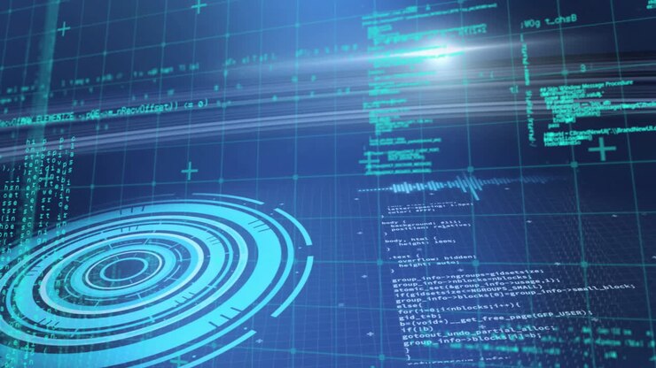 Animation of futuristic digital interface with circular patterns on blue grid