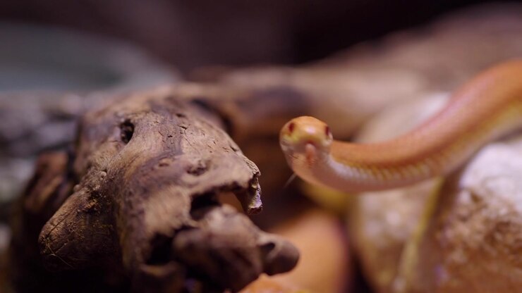 Corn Snake Flicking Tongue While Resting on Driftwood