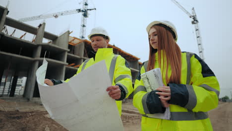 foreman and female building inspector are walking in construction site