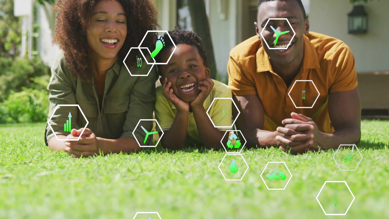 Parents and child lying yard, eco hexes appearing, clustering near faces, promoting energy savings