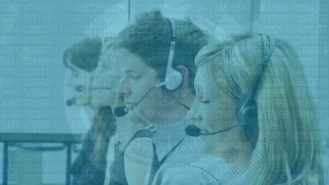 Animation-of-group-of-multi-ethnic-call-centre-workers-wearing-headsets-and-using-computers-in-offic